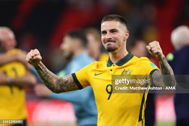 Jamie Maclaren of Australia celebrates qualifying for the 2022 FIFA World Cup during the 2022 FIFA World Cup Playoff match between Australia...