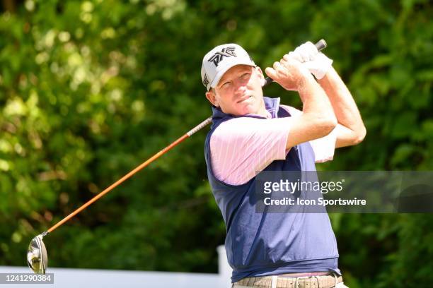 Jim Herman plays his shot during the second round of the RBC Canadian Open at St. George's Golf and Country Club on June 10, 2022 in Etobicoke,...