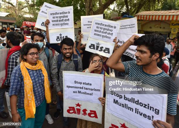 Members shouting slogans against Modi and Yogi Government over Bulldozer drive against riot accused in Uttar Pradesh at Jantar Mantaron June 13, 2022...