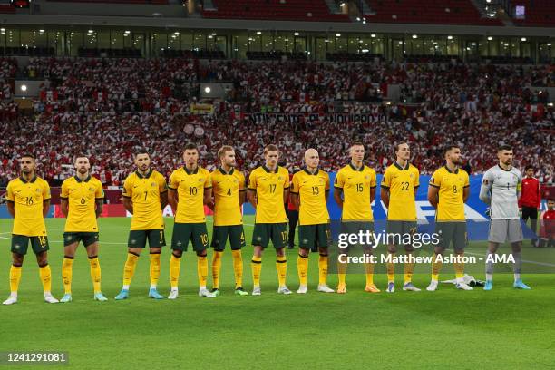 Australia team group during the 2022 FIFA World Cup Playoff match between Australia Socceroos and Peru at Ahmad Bin Ali Stadium on June 13, 2022 in...