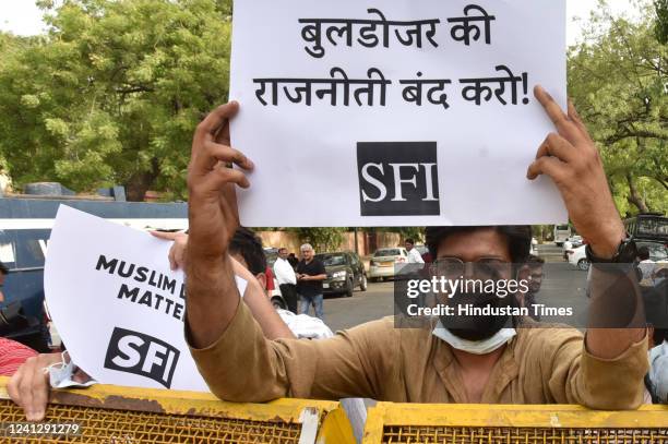 Members shouting slogans against Modi and Yogi Government over Bulldozer drive against riot accused in Uttar Pradesh at Jantar Mantar on June 13,...