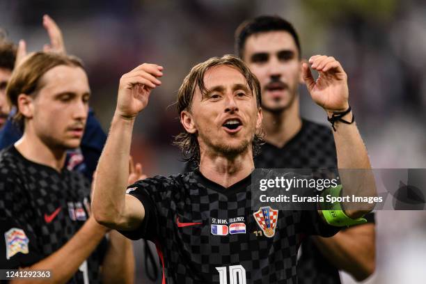 Luka Modric of Croatia celebrates with his teammates after winning France during the UEFA Nations League League A Group 1 match between France and...