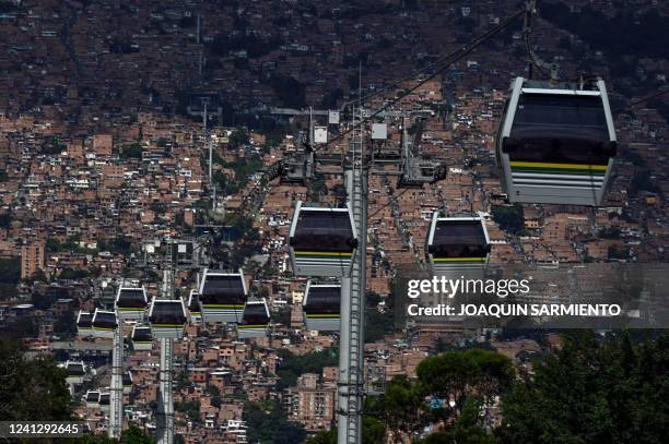 Picture of the metrocable metro system in Medellin, Colombia, on June 10, 2022. - Candidates Rodolfo Hernandez, a 77-year-old millionaire outsider,...