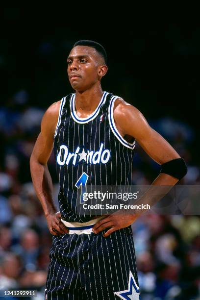 Anfernee Hardaway of the Orlando Magic looks on during a game against the Golden State Warriors in 1993 at The Oakland-Alameda County Coliseum Arena...