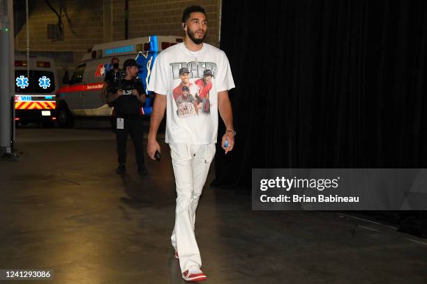 Jayson Tatum of the Boston Celtics arrives to the arena prior to the game against the Golden State Warriors during Game Five of the 2022 NBA Finals...