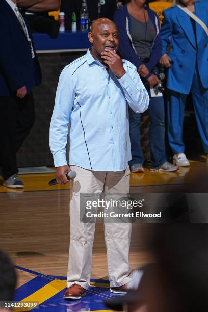 Tony Lindsay sings the National Anthem during Game Five of the 2022 NBA Finals between the Boston Celtics and Golden State Warriors on June 13, 2022...