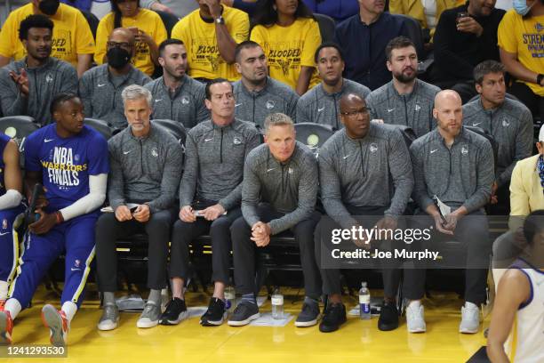 Golden State Warriors coaching staff looks on during Game Five of the 2022 NBA Finals on June 13, 2022 at Chase Center in San Francisco, California....