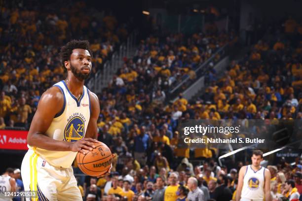 Andrew Wiggins of the Golden State Warriors shoots a free throw against the Boston Celtics during Game Five of the 2022 NBA Finals on June 13, 2022...