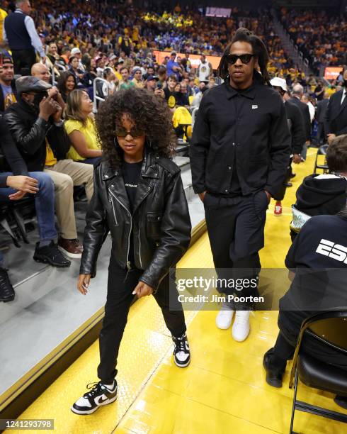 Jay-Z and his daughter Blue Ivy Carter arrives for the game of the Boston Celtics against the Golden State Warriors during Game Five of the 2022 NBA...