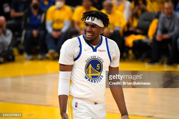 Kevon Looney of the Golden State Warriors looks on during Game Five of the 2022 NBA Finals on June 13, 2022 at Chase Center in San Francisco,...