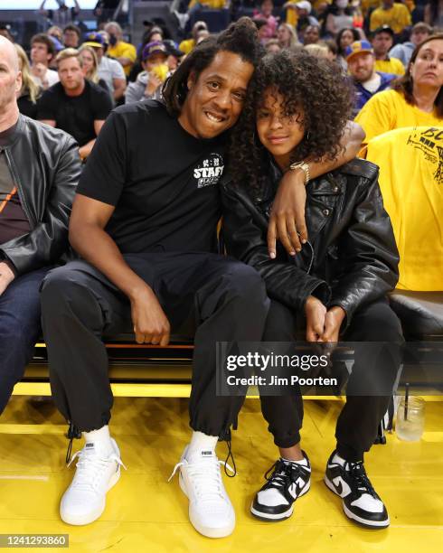 Jay-Z and his daughter Blue Ivy Carter poses for a photo in the game of the Boston Celtics against the Golden State Warriors during Game Five of the...