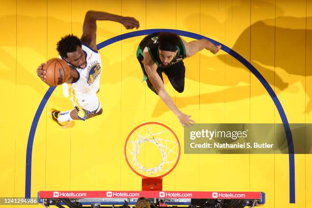 Andrew Wiggins of the Golden State Warriors dunks the ball against the Boston Celtics during Game Five of the 2022 NBA Finals on June 13, 2022 at...