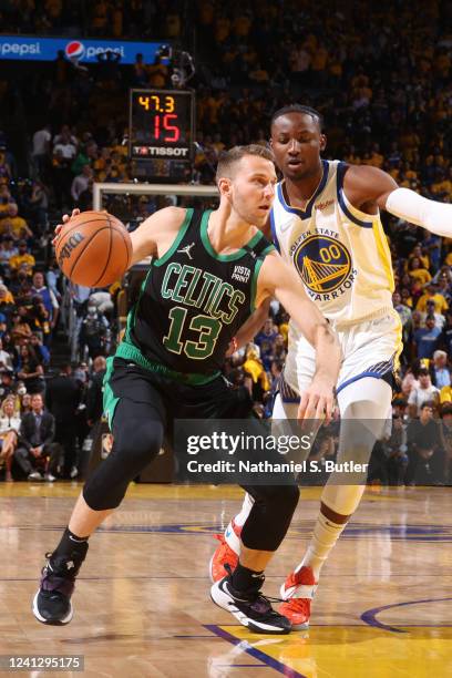 Nik Stauskas of the Boston Celtics drives to the basket against the Golden State Warriors during Game Five of the 2022 NBA Finals on June 13, 2022 at...