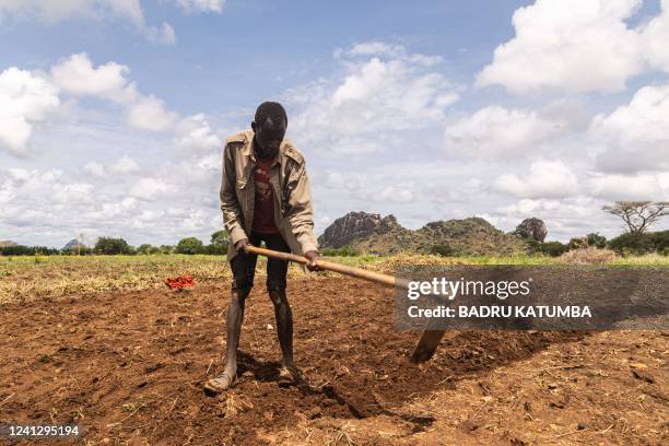 Man plants groundnuts in Kachinga, Karamoja region, Uganda, on May 25, 2022. - More than half a million people are going hungry in the Karamoja...