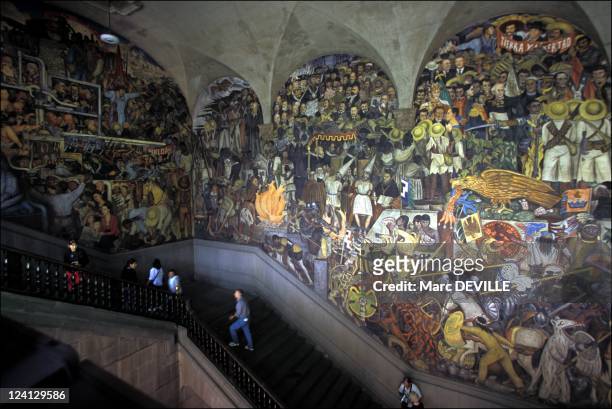 Aztec traces In Mexico city, Mexico In January, 2000 - Diego Rivera fresco at Ministry of Eduction.