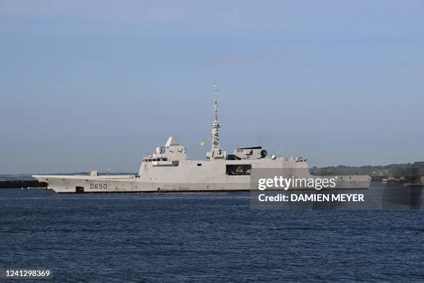 The FREMM multipurpose frigate Aquitaine leaves the military port of Brest, western France, on June 14, 2022.