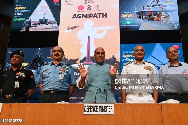 Chief of Indian Army staff General Manoj Pande, Chief of Air staff, Air Chief Marshal Vivek Ram Chaudhari, Indian Defence Minister Rajnath Singh and...