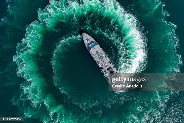 An aerial view of Turkish Navyâs minesweeper ship belonging to Turkish Navy Mine Squadron Command is seen as Turkish Navy Mine Squadron Command is...