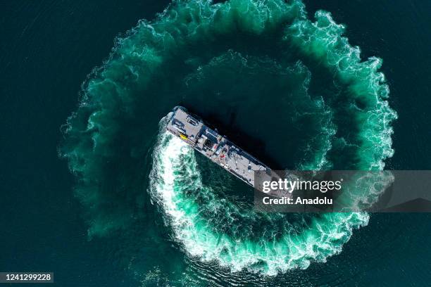 An aerial view of Turkish Navyâs minesweeper ship belonging to Turkish Navy Mine Squadron Command is seen as Turkish Navy Mine Squadron Command is...