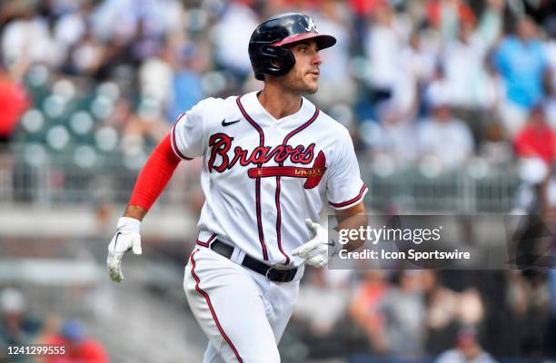 Atlanta Braves first baseman Matt Olson runs down the first baseline after hitting a home run during the eighth inning of a MLB game between the...