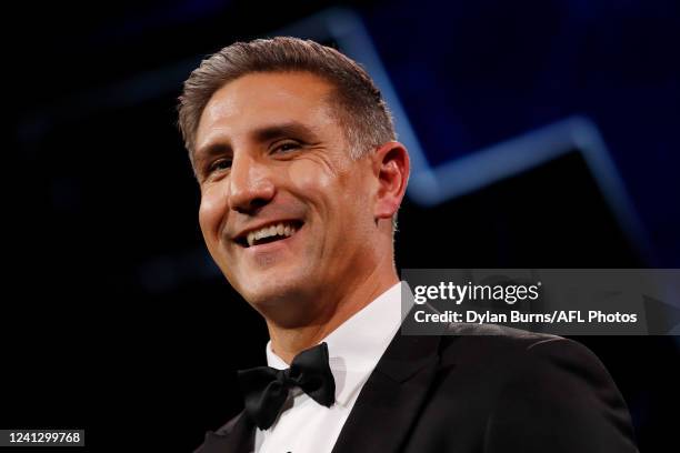 Hall of Fame inductee Matthew Pavlich speaks during the 2022 Australian Football Hall of Fame Dinner at Crown Palladium on June 14, 2022 in...