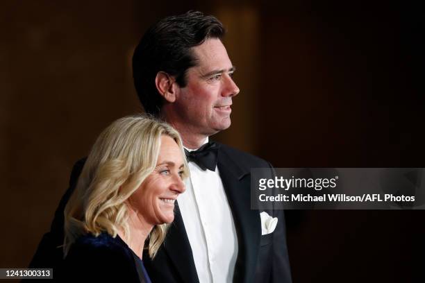 Gillon McLachlan, Chief Executive Officer of the AFL and wife Laura are seen during the 2022 Australian Football Hall of Fame Dinner at Crown...