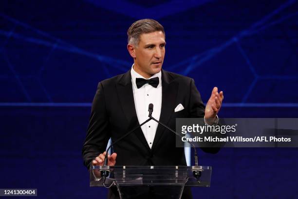 Matthew Pavlich speaks after being inducted into the Hall of Fame during the 2022 Australian Football Hall of Fame Dinner at Crown Palladium on June...