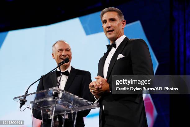 Hall of Fame inductee Matthew Pavlich is interviewed by Gerard Whateley during the 2022 Australian Football Hall of Fame Dinner at Crown Palladium on...