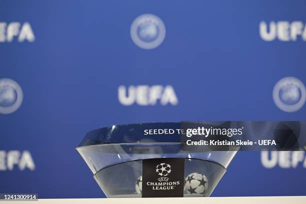 View of the draw pots and balls ahead of the UEFA Champions League 2022/23 First Qualifying Round draw at the UEFA headquarters, The House of...