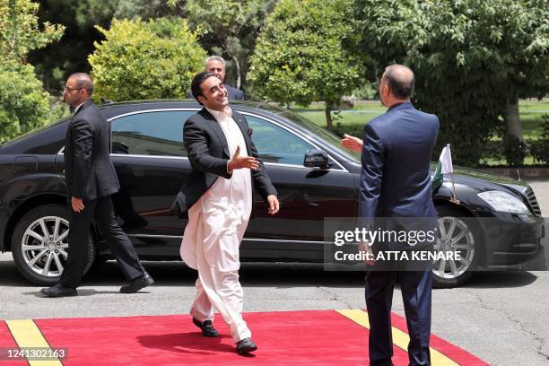 Iran's Foreign Minister Hossein Amir-Abdollahian receives his Pakistani counterpart Bilawal Bhutto Zardari at the foreign ministry headquarters in...