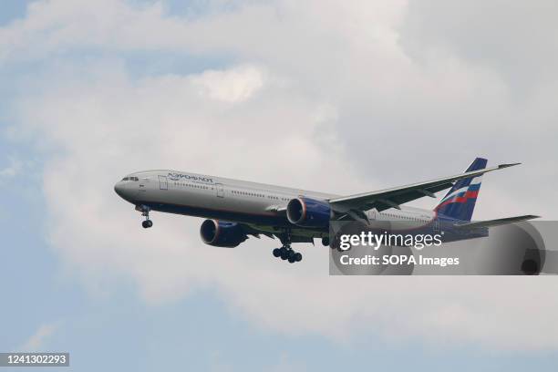 The Aeroflot Boeing 777-300ER aircraft is preparing to land at Pulkovo Airport in St. Petersburg, in the Russian Federation before the start of SPIEF...