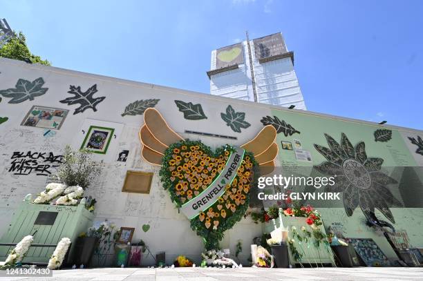 Photograph taken on June 14, 2022 shows messages of support written on a wall surrounding Grenfell tower in west London, on the fifth anniversary of...