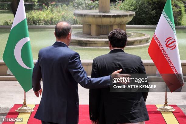 Iran's Foreign Minister Hossein Amir-Abdollahian receives his Pakistani counterpart Bilawal Bhutto Zardari at the foreign ministry headquarters in...