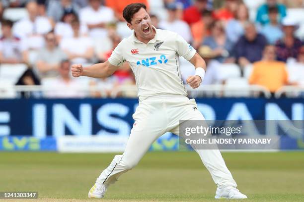 New Zealand's Matt Henry celebrates after dismissing England's Ollie Pope on day 5 of the second Test cricket match between England and New Zealand...