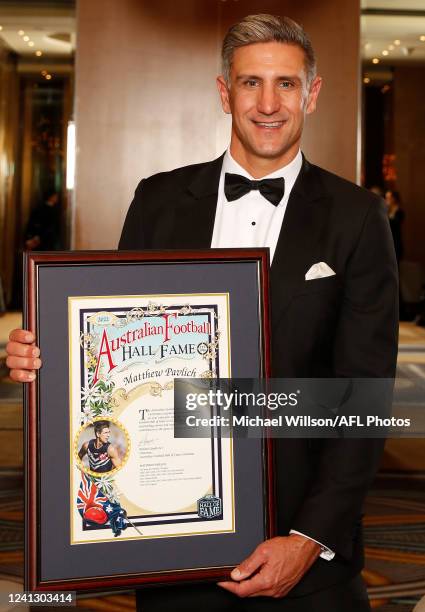 Inductee Matthew Pavlich poses for a photograph during the 2022 Australian Football Hall of Fame Dinner at Crown Palladium on June 14, 2022 in...