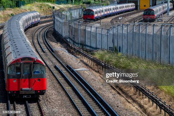 London tube trains at Northfields Train Depot in London, UK, on Tuesday, June 14, 2022. Rail and underground strikes due to hit the UK for three days...
