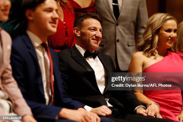 Hall of Fame inductee Brent Harvey looks on during the 2022 Australian Football Hall of Fame Dinner at Crown Palladium on June 14, 2022 in Melbourne,...