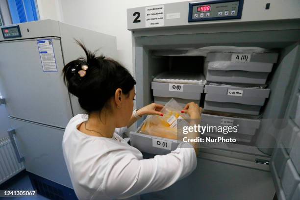 Medical worker works with blood plasma during the World Blood Donor Day , amid Russia's invasion of Ukraine, at a transfusiology department in Odesa,...