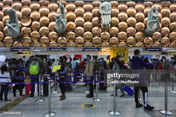 Mudras are displayed along a wall above the customs clearance area at Indira Gandhi International Airport in Delhi, India, on May 03, 2022.