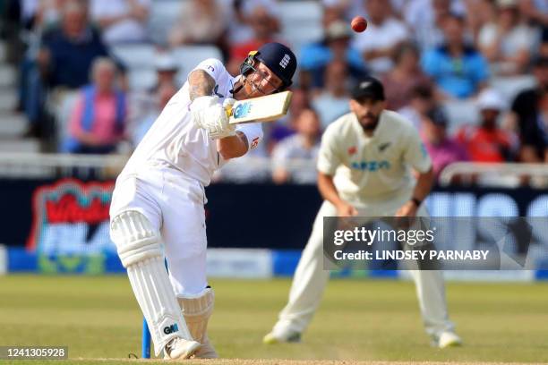 England's captain Ben Stokes hits a six during play on day 5 of the second Test cricket match between England and New Zealand at Trent Bridge cricket...