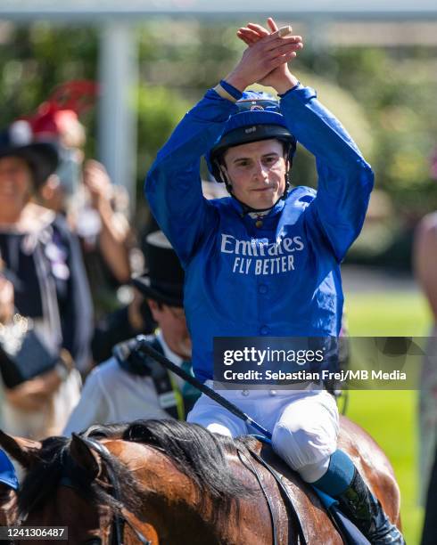 Coroebus ridden by William Buick celebrates after winning The St James's Palace Stakes during Royal Ascot 2022 during Royal Ascot 2022 at Ascot...