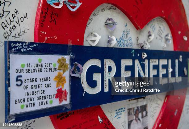 Tributes to the victims of the Grenfell Tower fire at Grenfell Tower on June 14, 2022 in London, England. On 14 June 2017, just before 01:00, a fire...