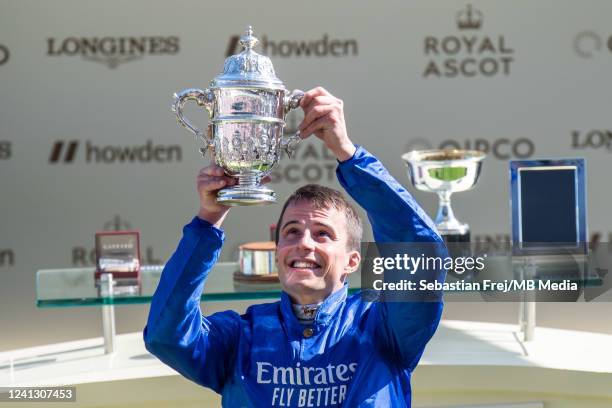 William Buick celebrates after winning The St James's Palace Stakes on Coroebus horse during Royal Ascot 2022 during Royal Ascot 2022 at Ascot...