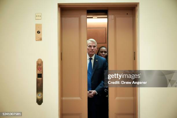 Sen. Rob Portman gets into an elevator on his way to a lunch meeting with Senate Republicans at the U.S. Capitol on June 14, 2022 in Washington, DC....