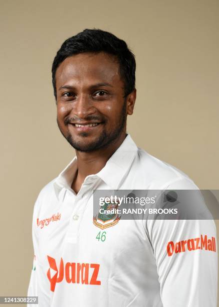 Shakib Al Hasan of Bangladesh poses for portrait before the 1st Test between Bangladesh and West Indies at Vivian Richards Cricket Stadium in North...