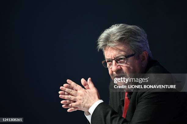 France's leftist La France Insoumise party leader, Member of Parliament and leader of left-wing coalition Nupes Jean-Luc Melenchon delivers a speech...