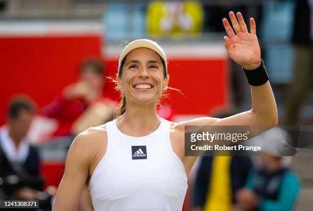 Andrea Petkovic of Germany celebrates defeating Garbine Muguruza of Spain in her first round match on Day 2 of the bett1open 2022 Berlin, Part of the...