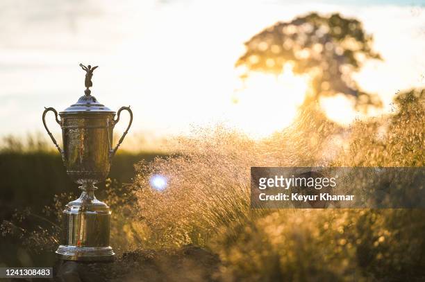 The U.S. Open trophy at sunset during practice for the U.S. Open at The Country Club on June 13, 2022 in Brookline, Massachusetts.