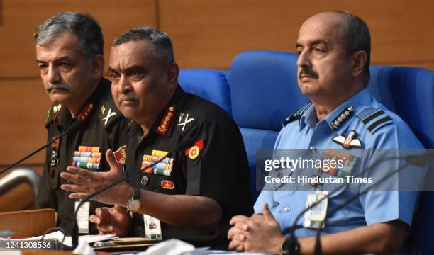 Indian Army Chief General Manoj Pande, Indian air force Chief Air Chief Marshal Vivek Ram Chaudhari, Minister of Defence of India Rajnath Singh,...