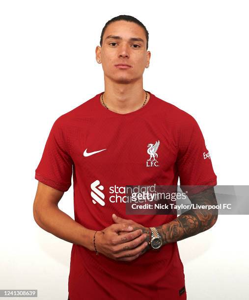 Darwin Nunez signs for Liverpool FC at AXA Training Centre on June 14, 2022 in Kirkby, England.